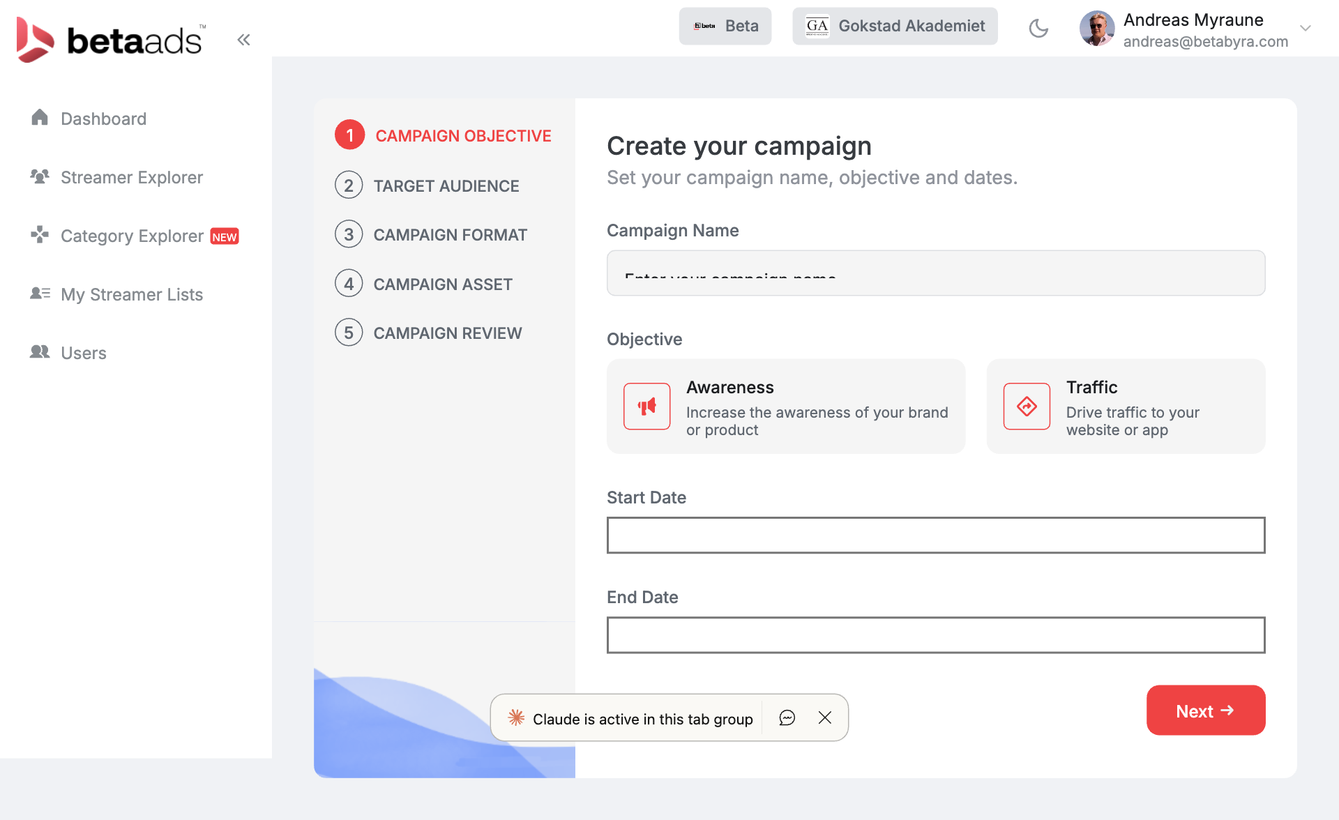 New Campaign wizard with 5-step process: objective, audience, format, asset, review