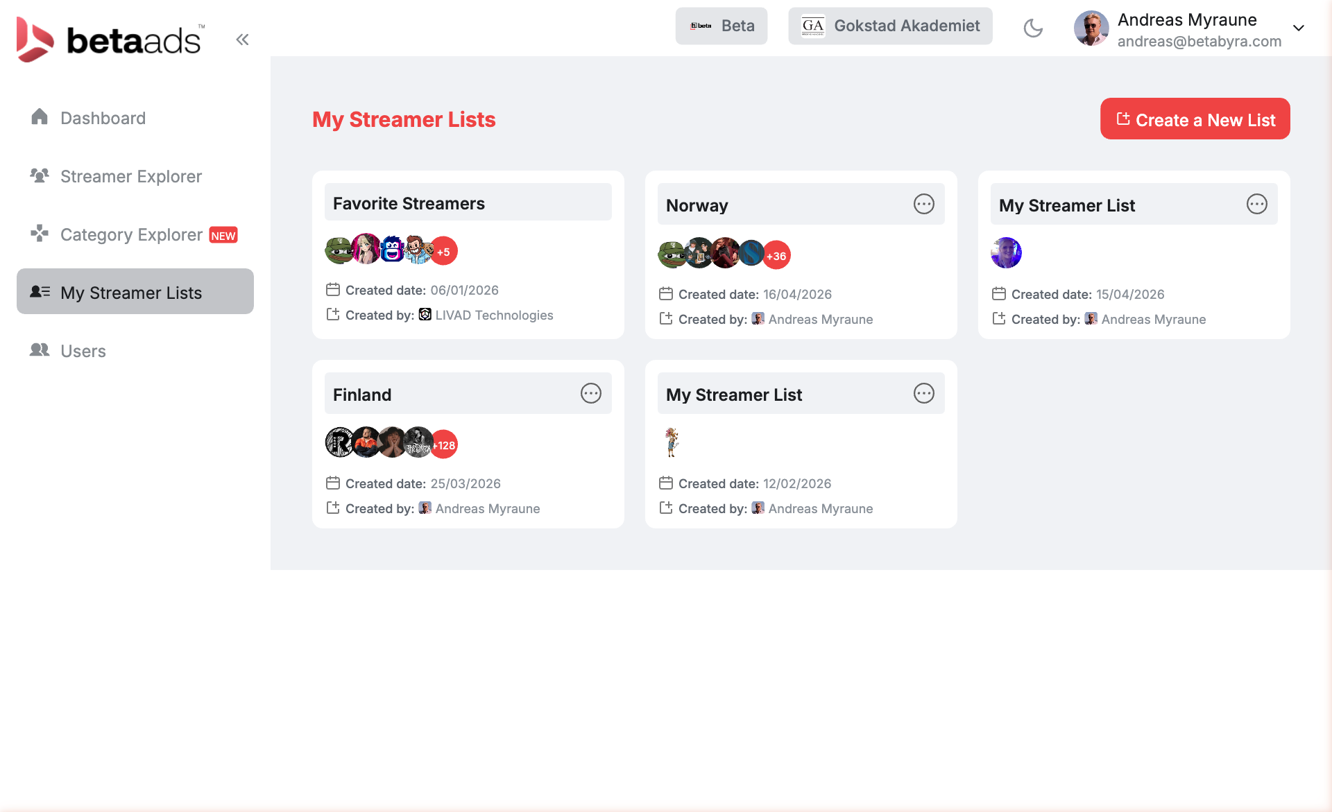 My Streamer Lists showing saved creator shortlists organised by market and preference