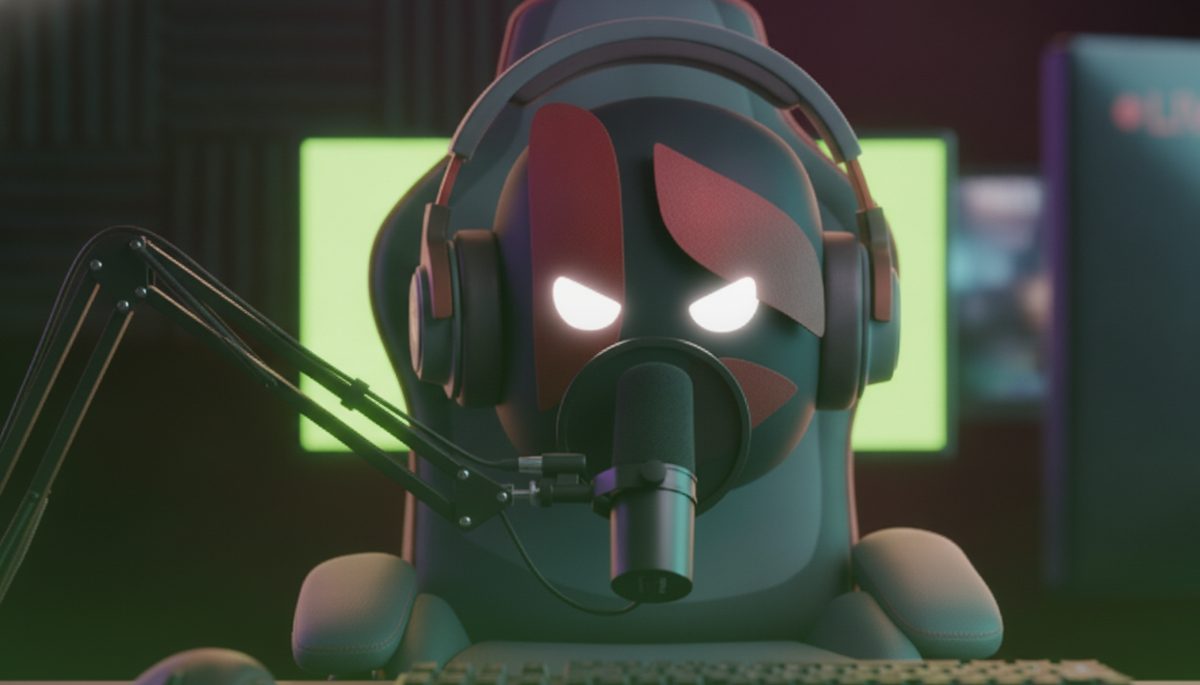 Beta, the Beta Ads mascot, streaming in front of two green Kick monitors
