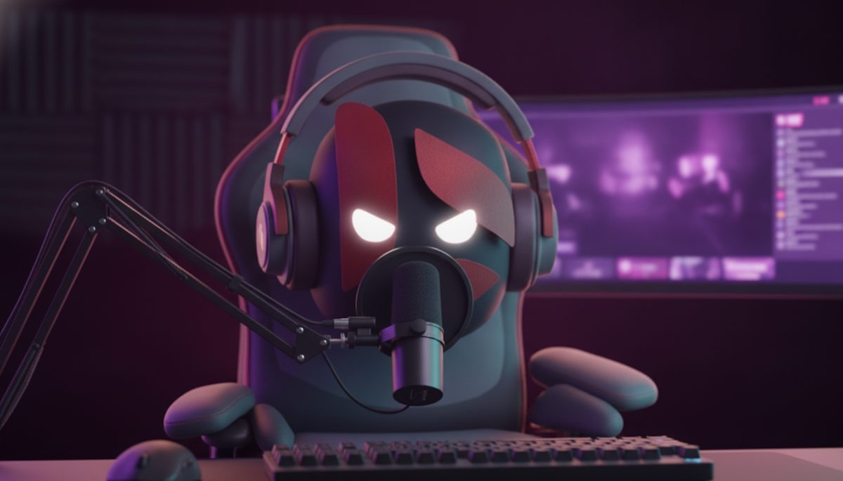 Beta, the Beta Ads mascot, at a streaming desk lit in Twitch purple