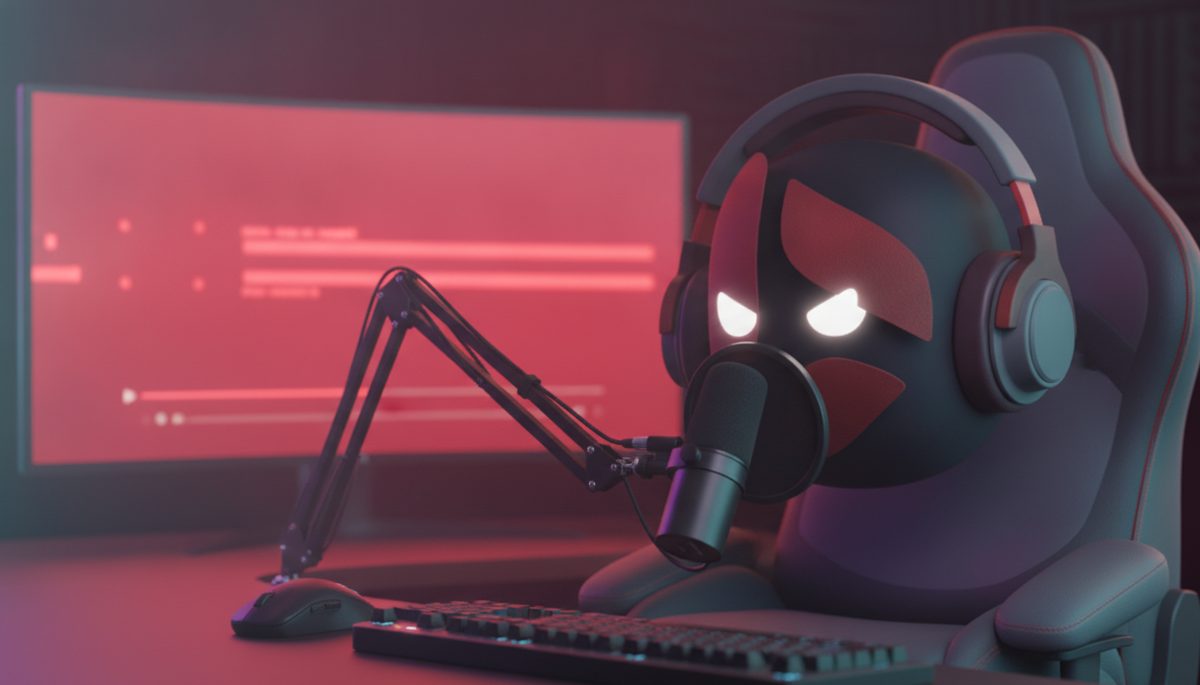 Beta, the Beta Ads mascot, at a streaming desk lit in YouTube red
