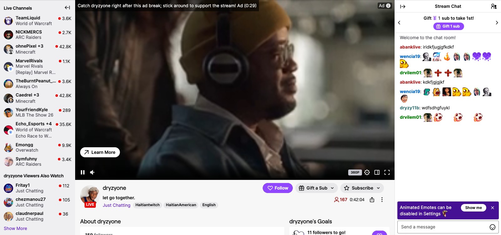 Twitch UI showing an ad break in progress with live chat and channel listings