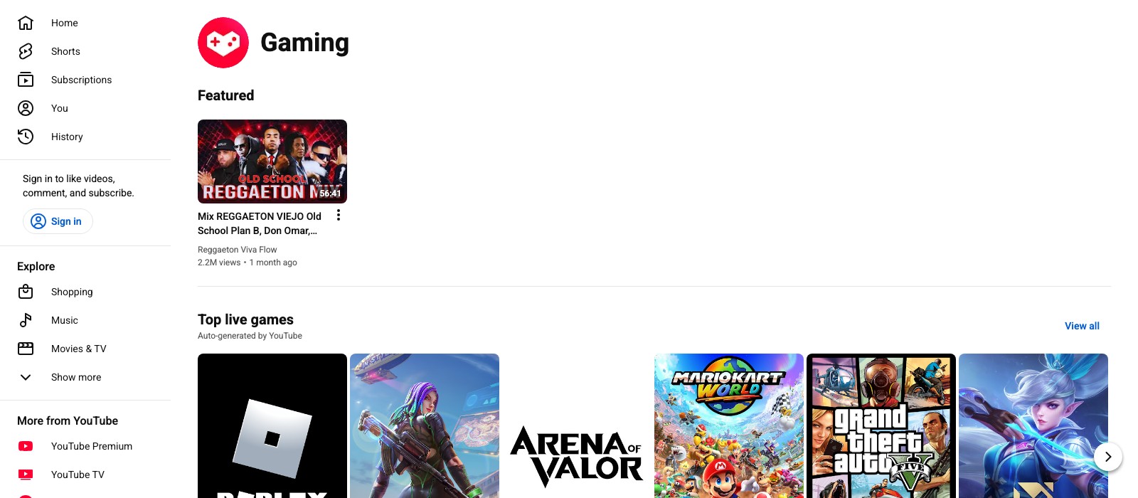YouTube Gaming page showing top live games including Roblox, Arena of Valor, Mario Kart World, and GTA V