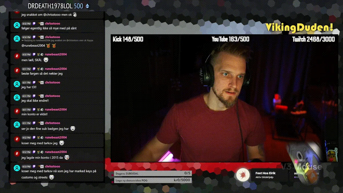 VikingDuden live with a Glorious V3 Mouse overlay in the lower right of the stream, chat on the left
