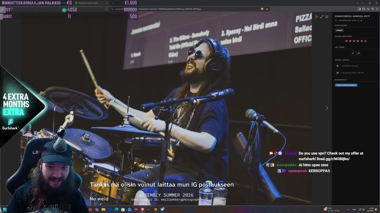Music stream with a drummer on screen, the Surfshark overlay and the offer message in chat