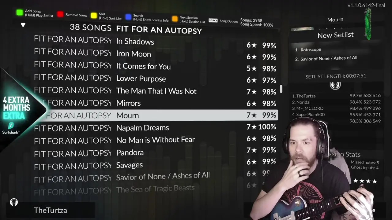 Guitar rhythm game stream with the Surfshark overlay on the left