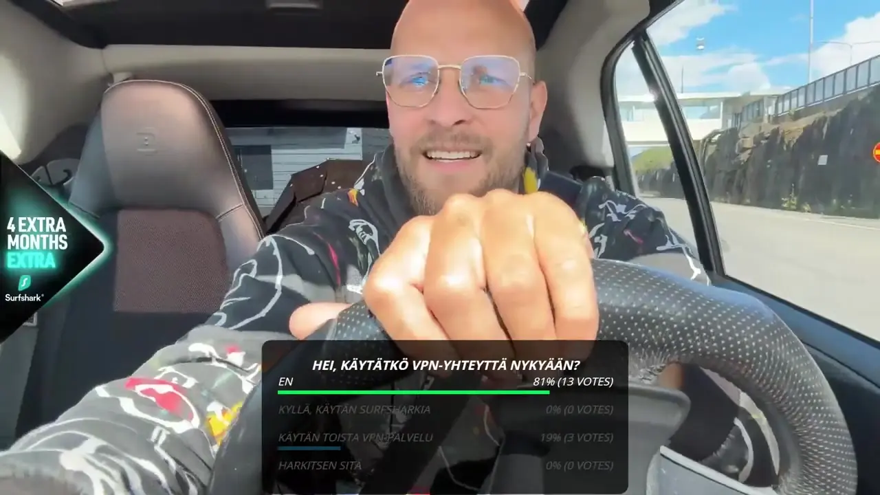 Creator talking to camera while driving, with the Surfshark overlay and the VPN poll on screen