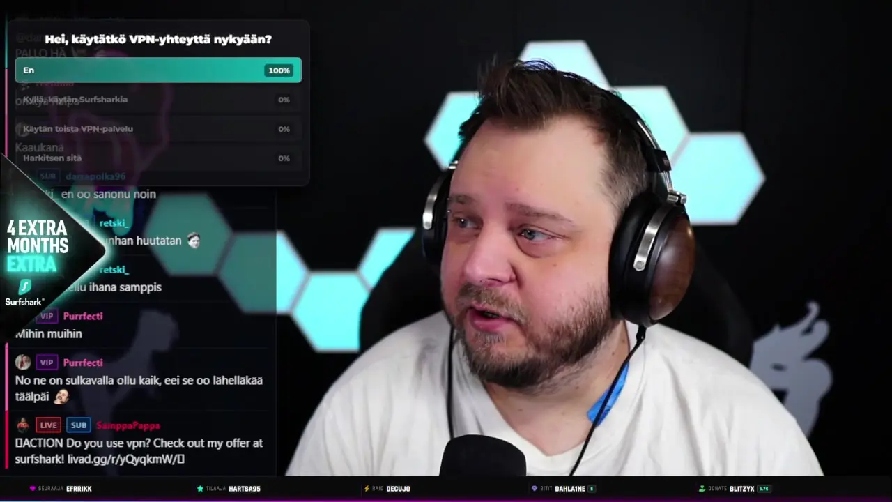 Just Chatting stream with the poll in the top left corner and a chat message advertising the Surfshark offer link