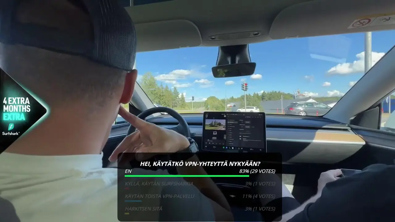 Finnish IRL stream filmed from the driver's seat, with the Surfshark '4 extra months' overlay on the left and the live VPN poll at the bottom