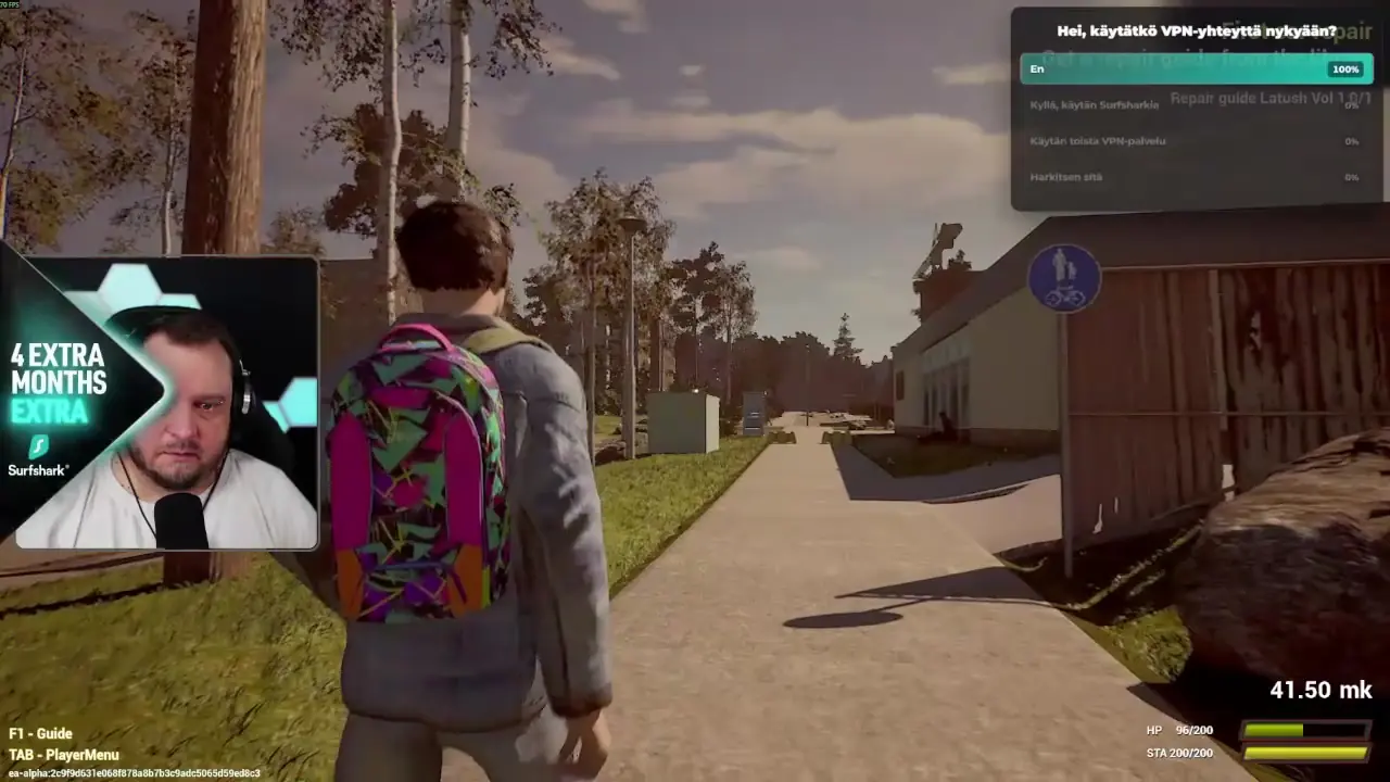 Third-person game with the creator's webcam, the Surfshark overlay and a compact poll in the top right corner