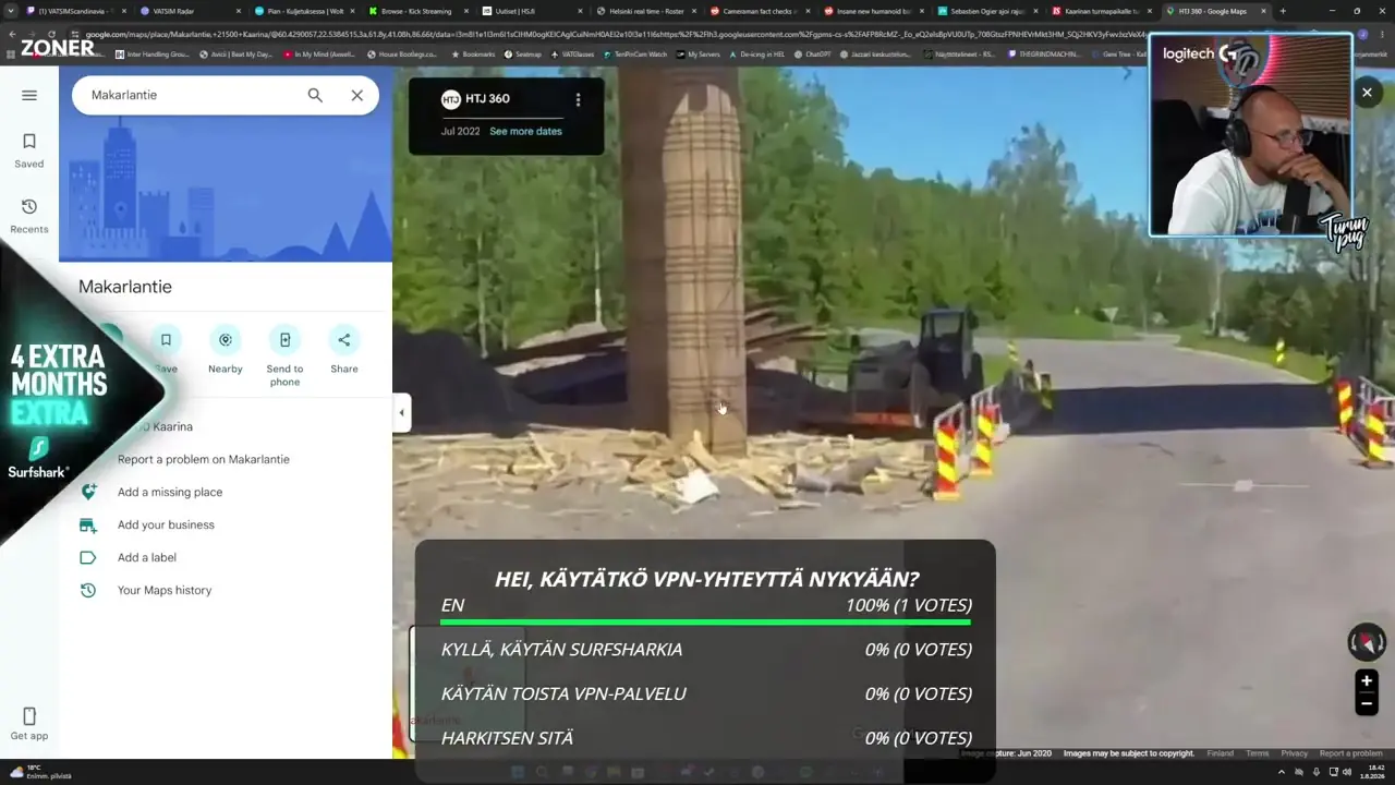 Outdoor map stream with the creator's webcam, the Surfshark overlay and the poll at the start of a round