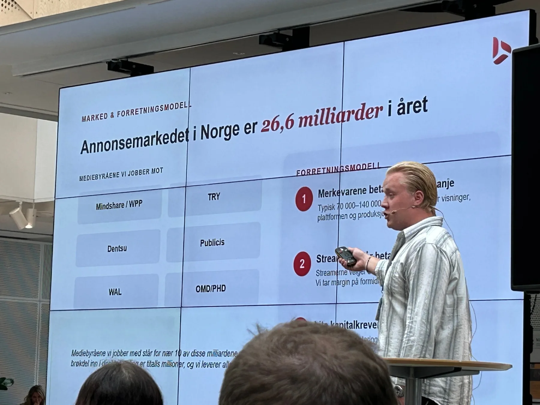 Slide med overskriften Annonsemarkedet i Norge er 26,6 milliarder i året, og en liste over mediebyråer