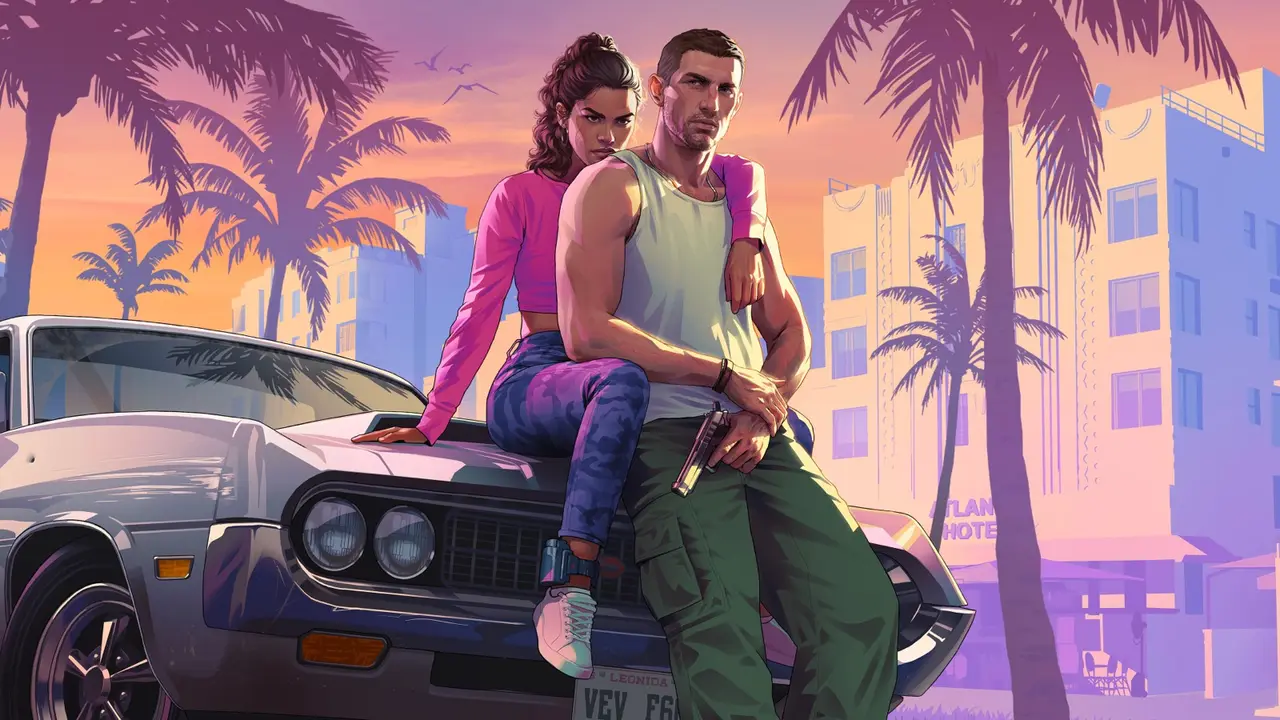 Rockstar key art of Jason and Lucia in Vice City