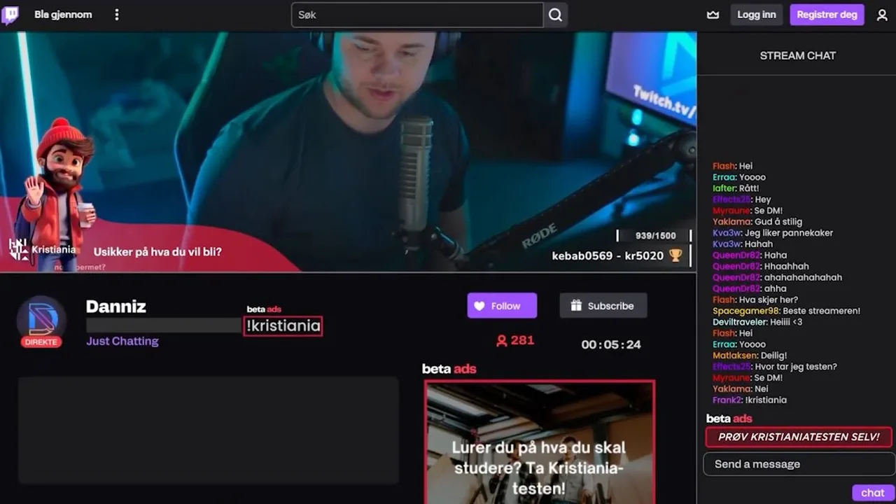 Høyskolen Kristiania-overlay i en Twitch-sending