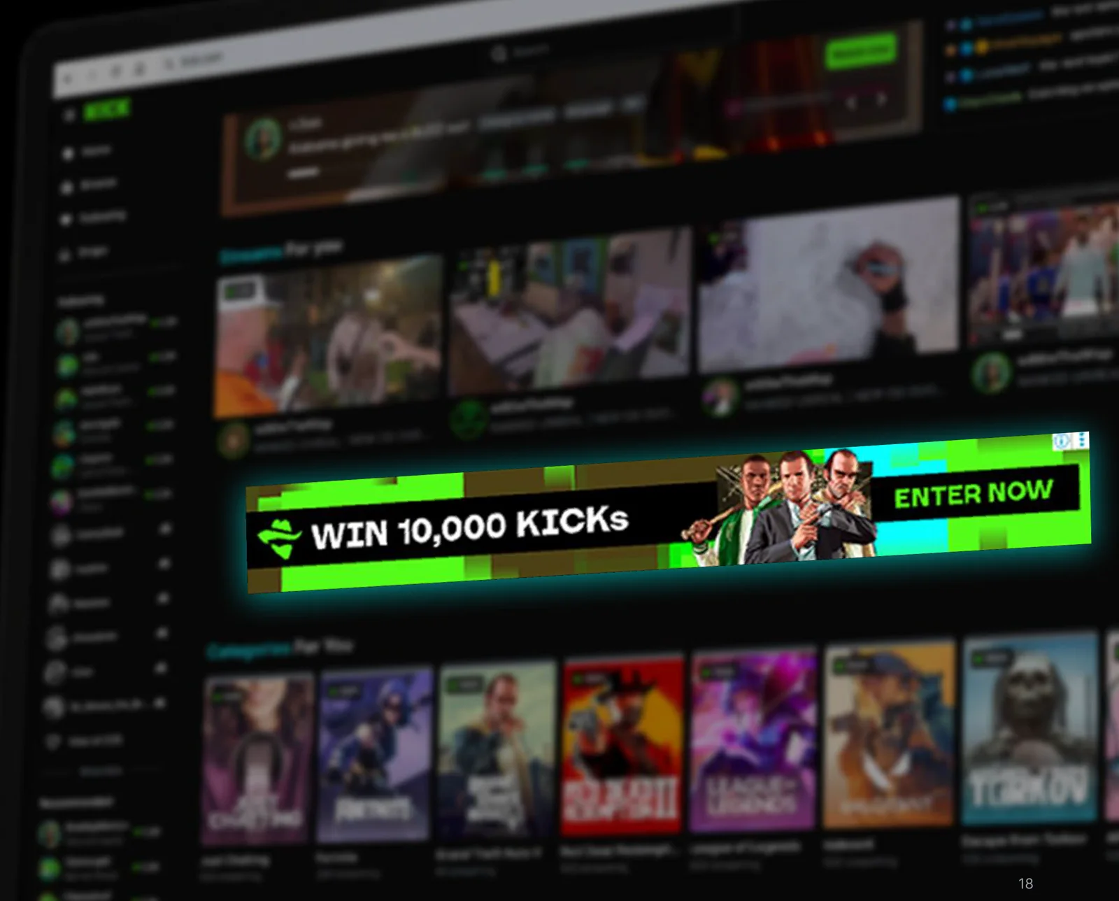 Kicks egen skitse: et bredt grønt banner over Kick-forsiden med teksten Win 10,000 Kicks