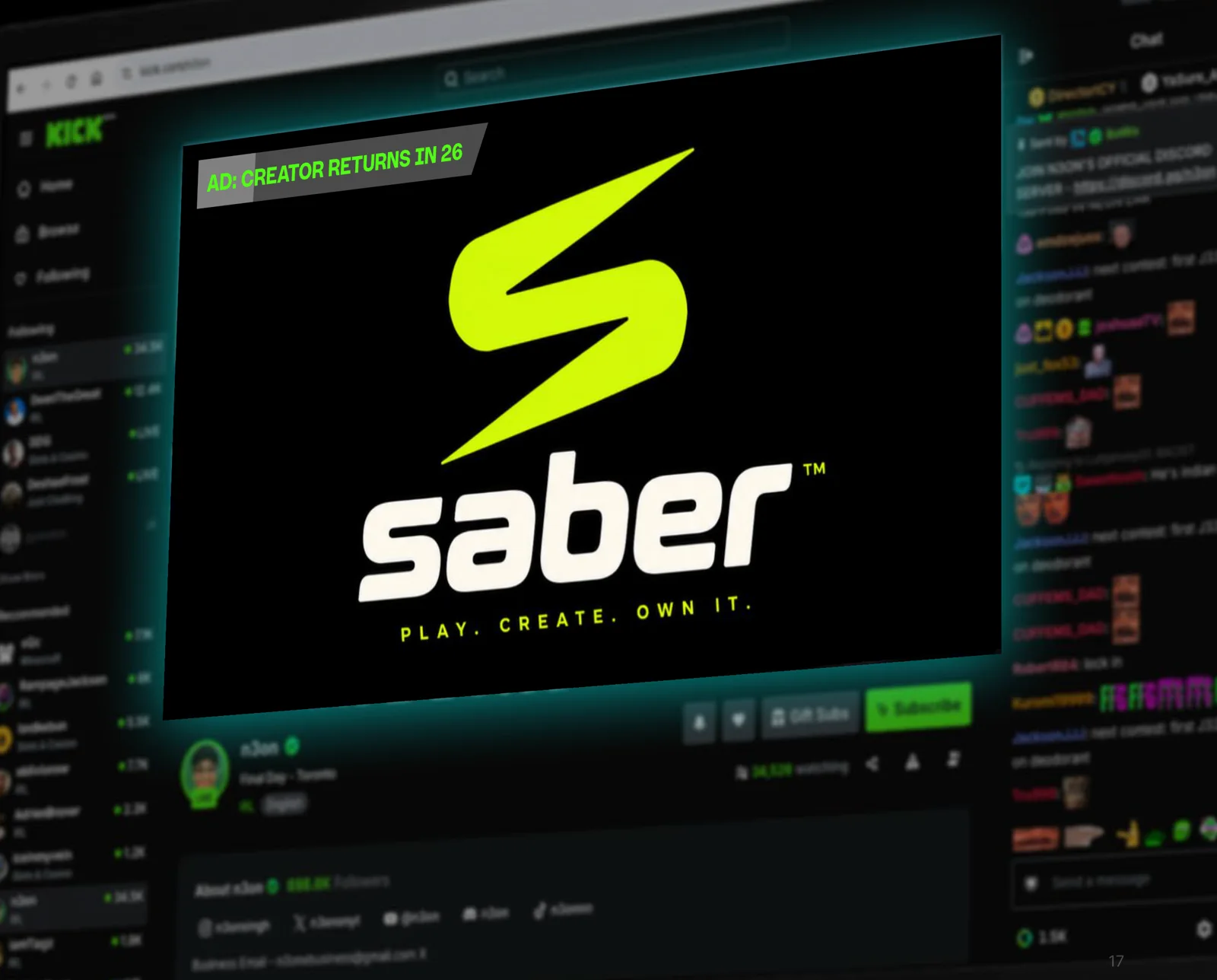 Kicks egen skitse: en videoannonce i fuld skærm i afspilleren på en live kanal, mærket Ad: creator returns in 26