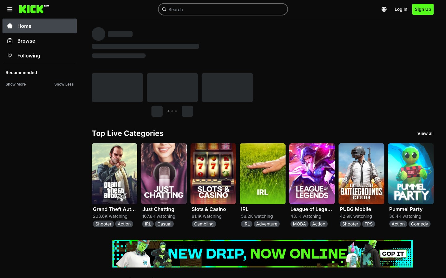 Kick platform showing top live categories