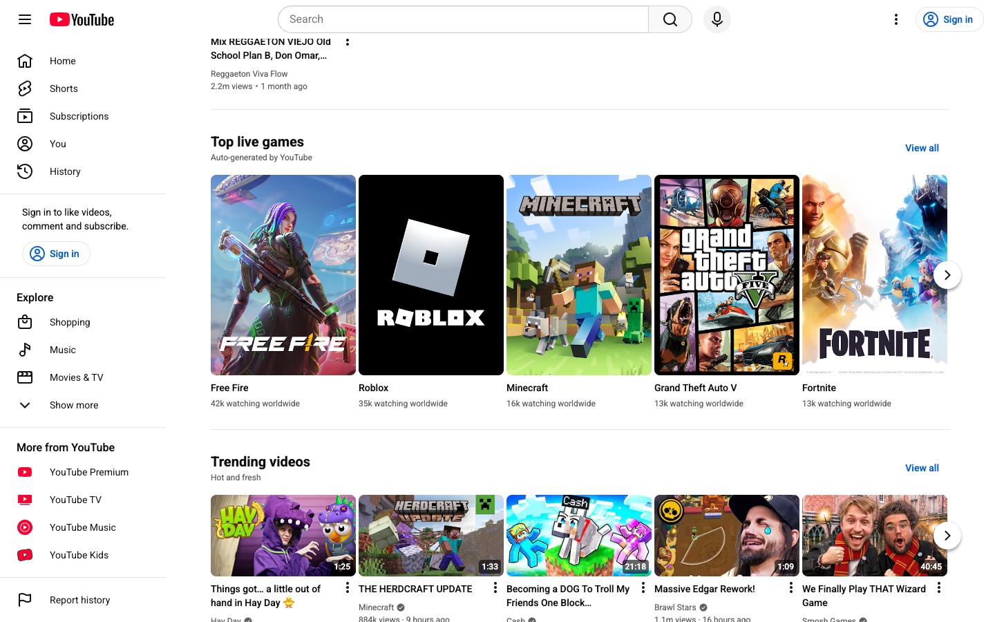 YouTube Gaming page showing live streams